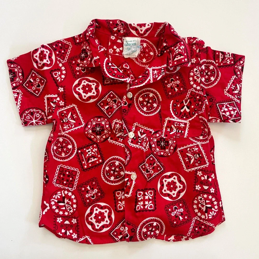Vintage 60s Red Bandana Western Shirt Chambray Diaper Cover Set 2PC Americana